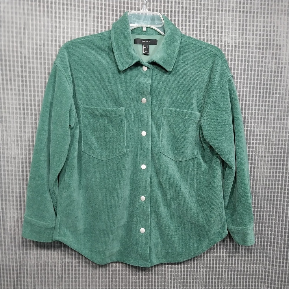 Forever 21 Corduroy Jacket Womens Snap Front Utility Pocket Small Green